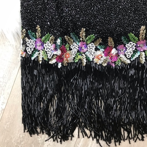 SHERRI HILL Black Two Piece Beaded Halter Top Floral Fringe Skirt Size 12 51476 - Picture 11 of 16